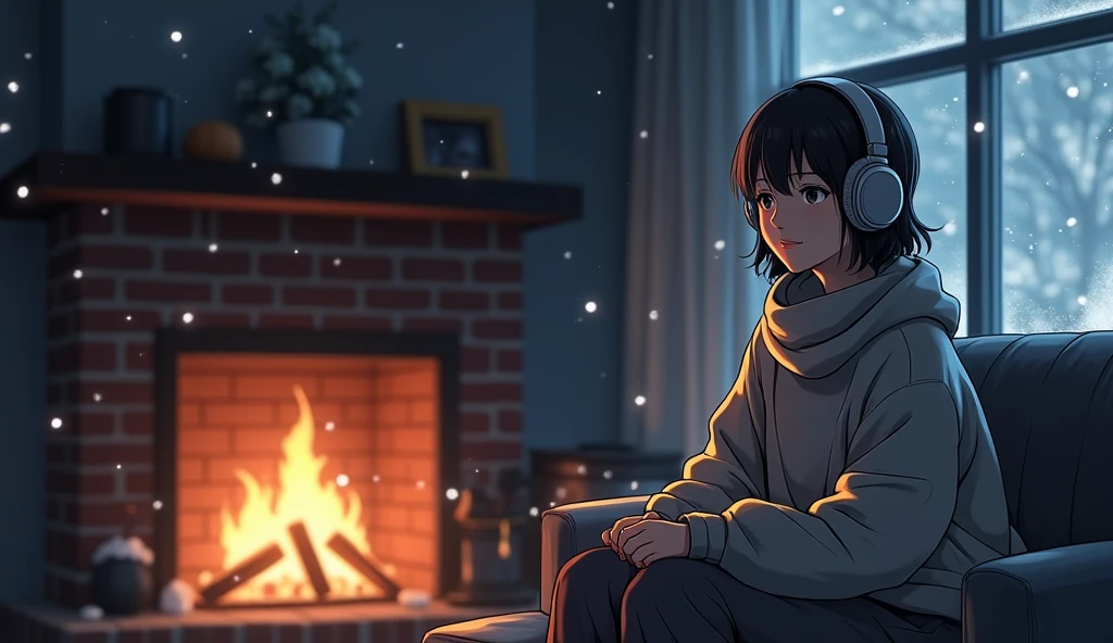 Perfect image, 8k, night、winter、high school girl、sweater、Long trousers、Using headphones、fireplace、 2D-style animation, Lo-Fi、Retro、Emotional、Anime style illustrations