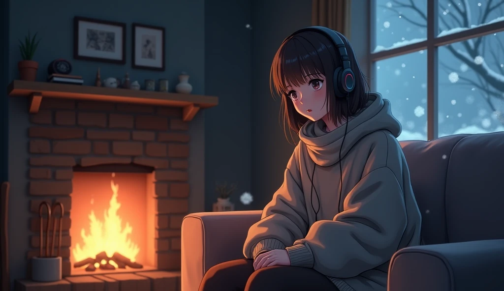 Perfect image, 8k, night、winter、high school girl、sweater、Long trousers、Using headphones、fireplace、 2D-style animation, Lo-Fi、Retro、Emotional、Anime style illustrations