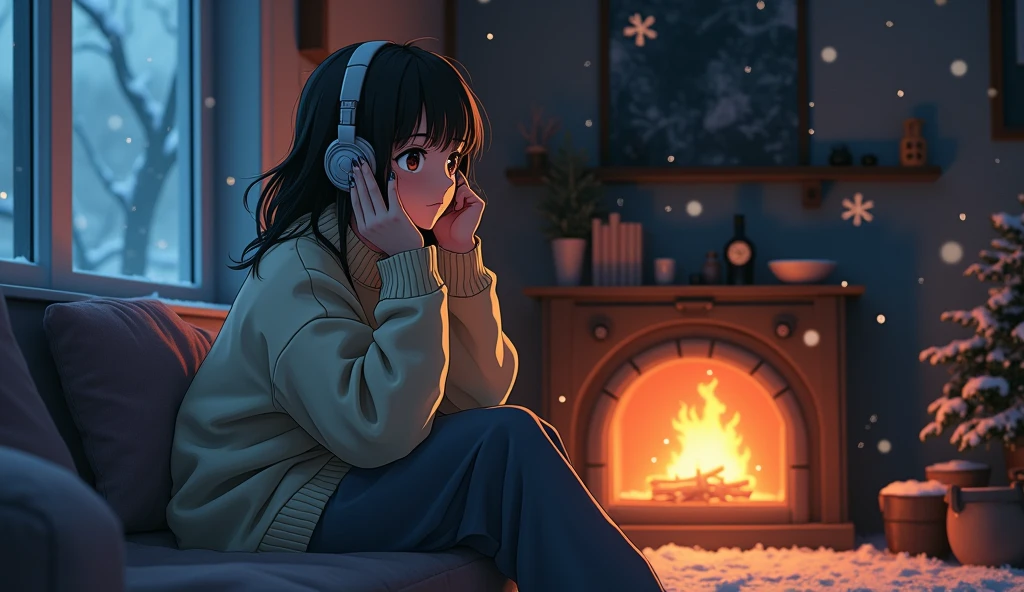 Perfect image, 8k, night、winter、high school girl、sweater、Long trousers、Using headphones、fireplace、 2D-style animation, Lo-Fi、Retro、Emotional、Anime style illustrations