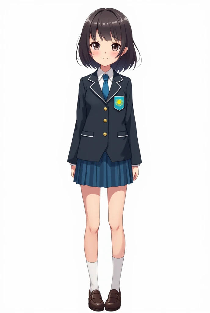 ((officially)) ((masterpiece)) ((Best quality)) ((detailed)) cartoon schoolgirl in school uniform with emblem flag of Kazakhstan on pocket on white background in full growth