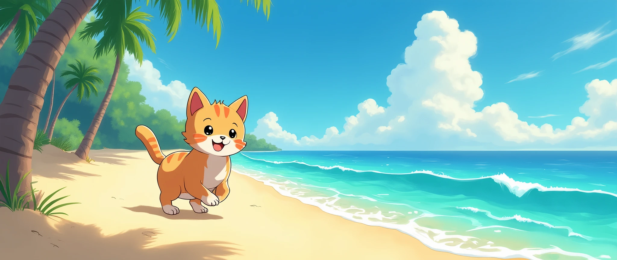 Beach ,masterpiece,best quality, Kawaii Cat Studio Ghibli Inspired