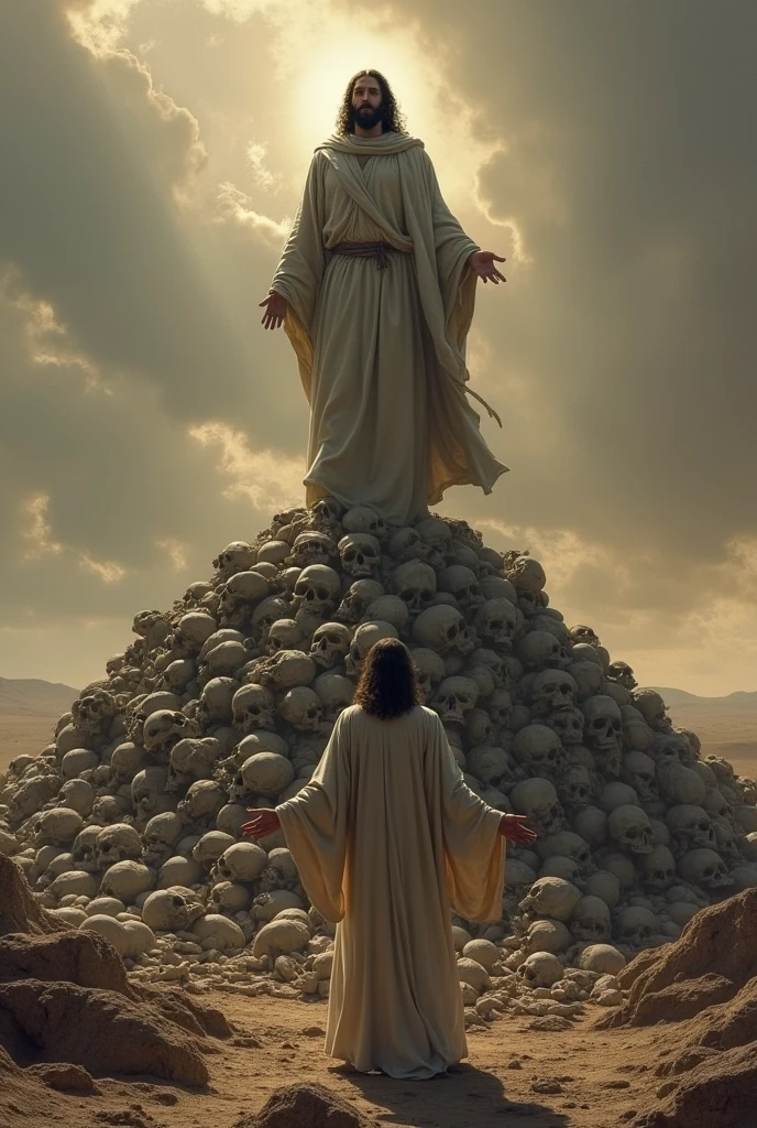 a prophet standing on a heap human bones and jesus standing in front of that man 
