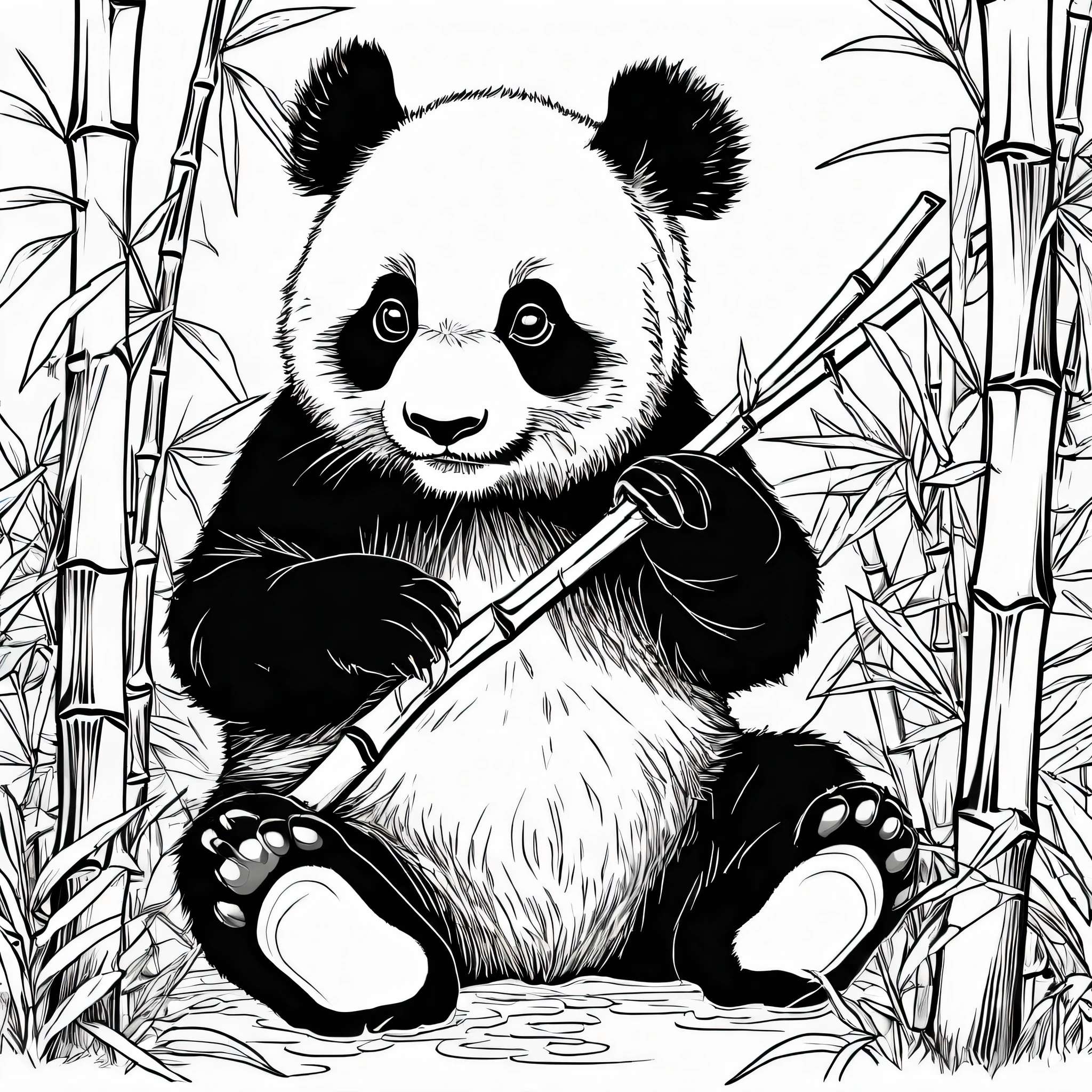 coloring page, b&w, line art, panda cub eating bamboo