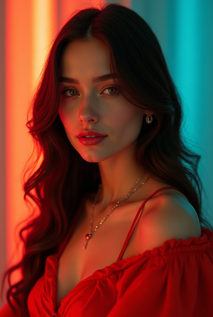 Make a picture women looking like Mona Lisa looking gorgeous posing of picture ,make her look modern out of the picture,make her fit in beautiful standard wearing a outfit with most vibrant colours 