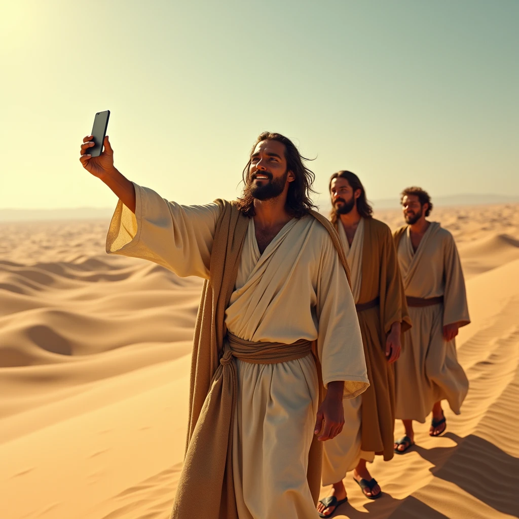 Jesus takes a selfie while crossing a desert with his disciples, iphone high quality