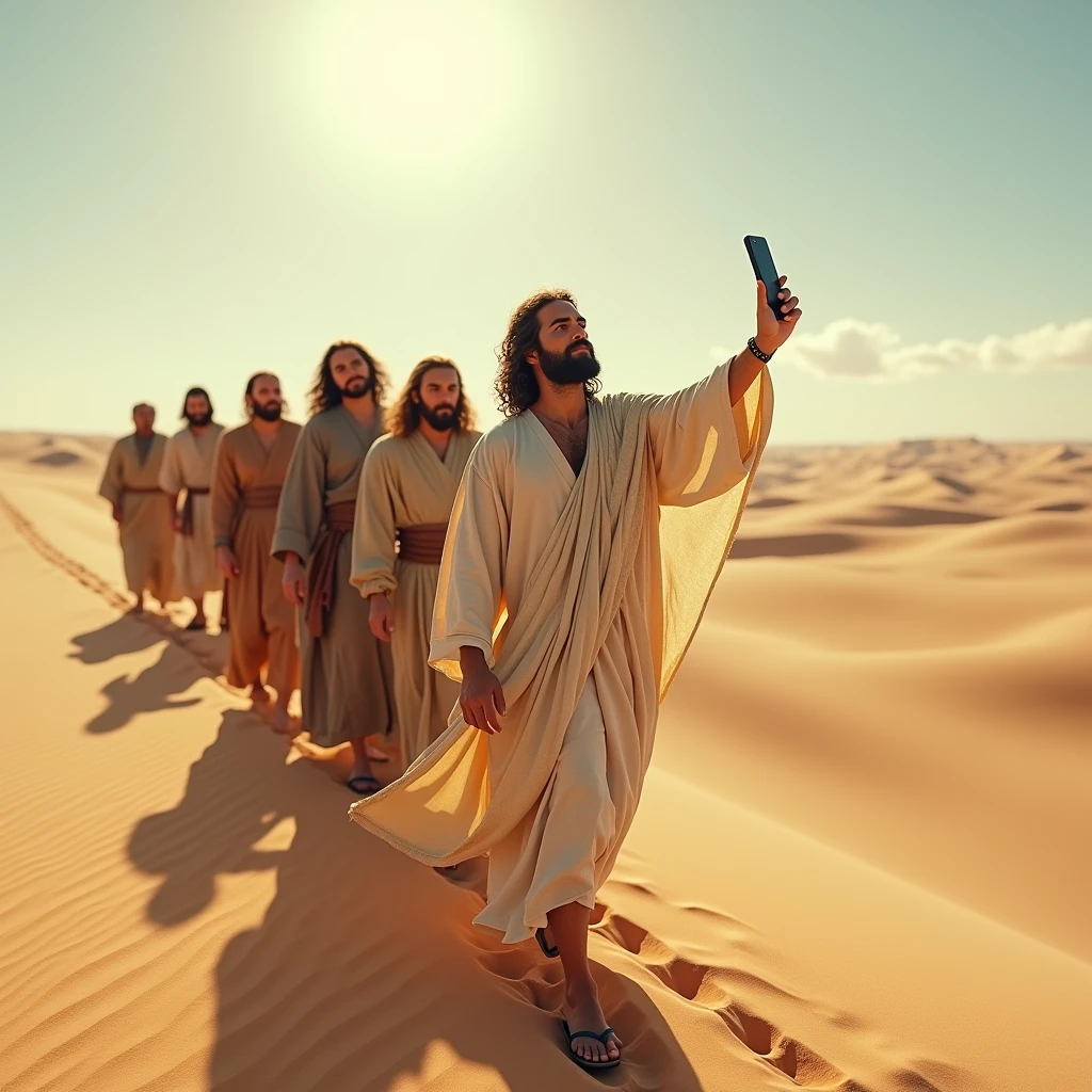 Jesus takes a selfie while crossing a desert with his disciples, iphone high quality