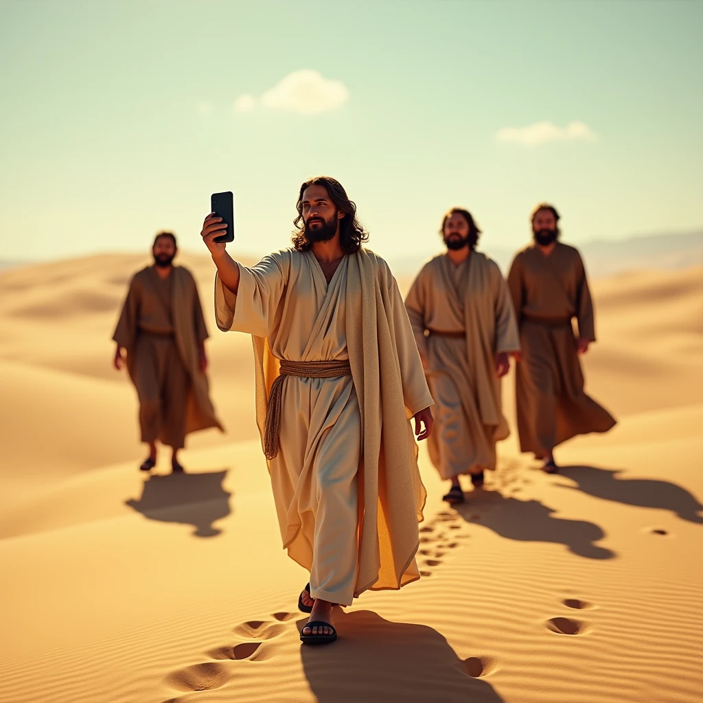 Jesus takes a selfie while crossing a desert with his disciples, iphone high quality