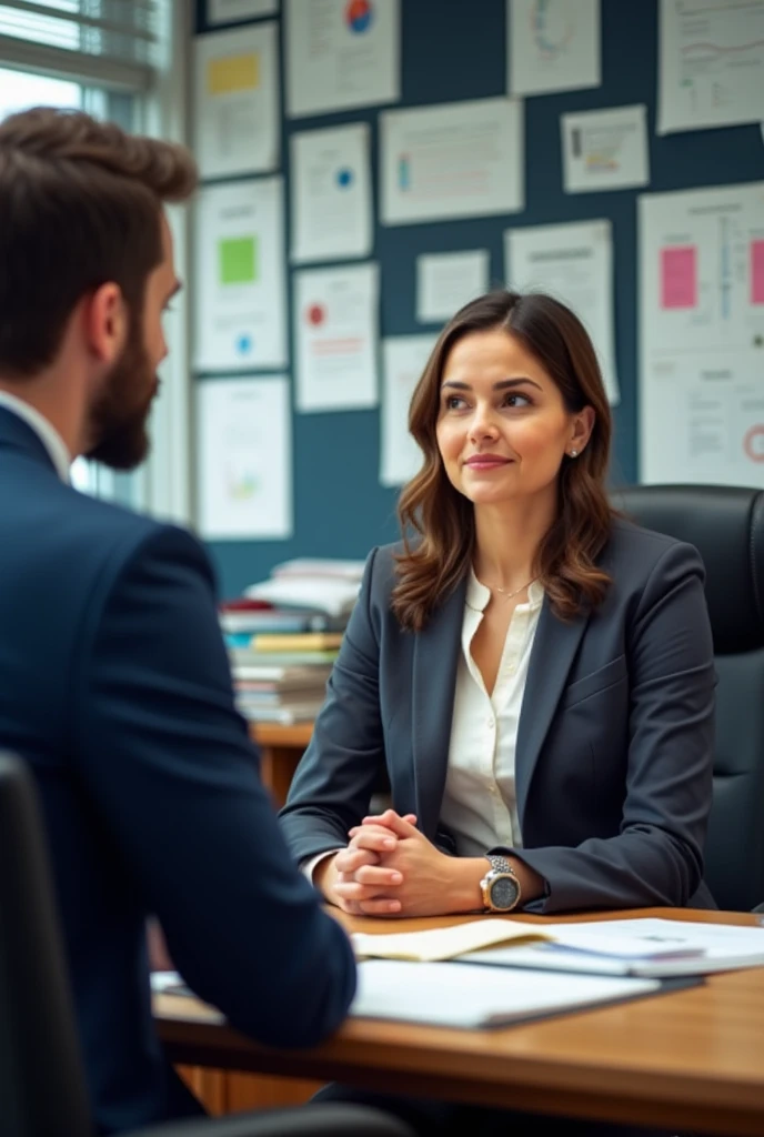 a manager is interviewing a candidate with a background of a desk full of documents
