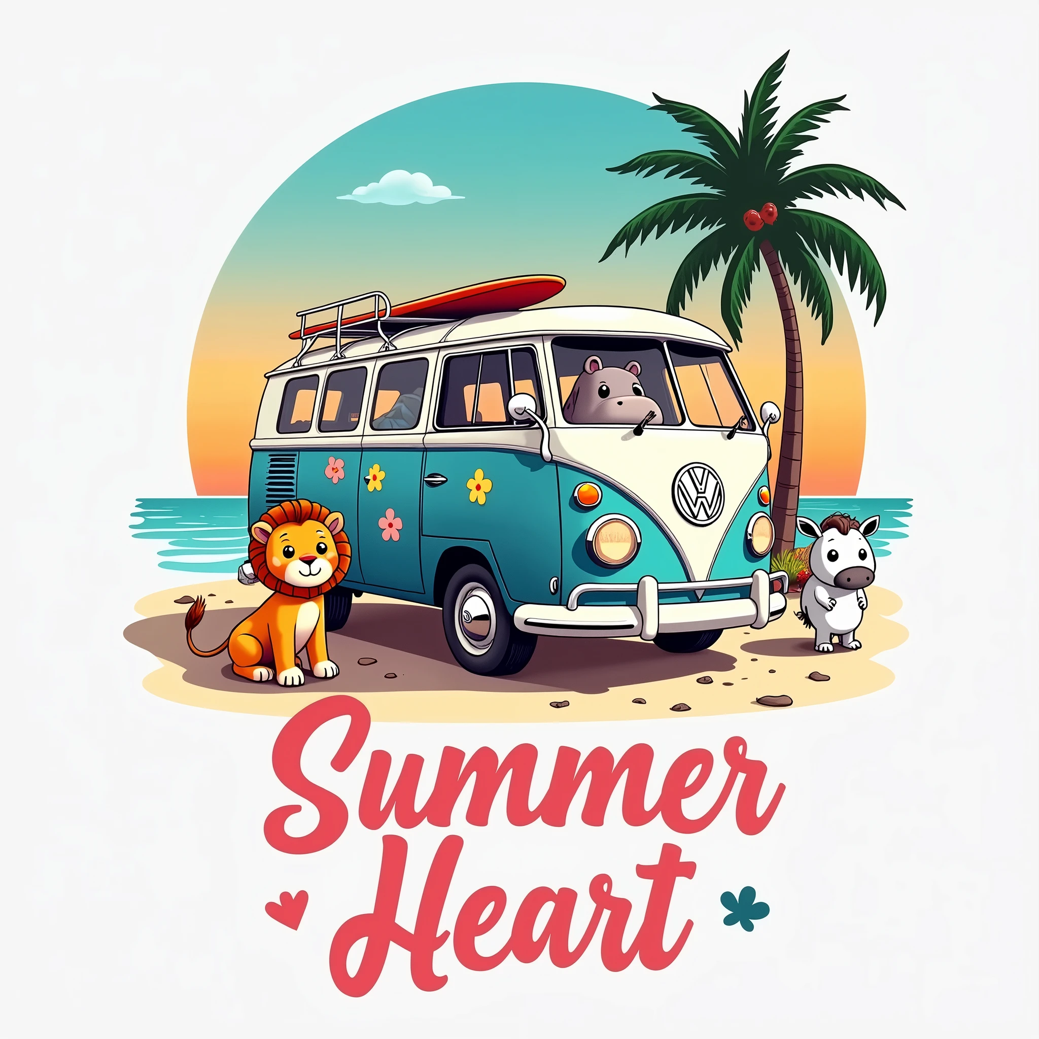 Create an illustration ((glad)) with good contrast, with fine and delicate lines, cute fun, to the audience (The image shows a vintage Volkswagen Type 2 van, known as VW Bus, parked on a beach with a clear sky and the sun setting or rising in the background. The van is painted in light blue and white, with several colorful flower stickers and the iconic VW logo on the front. No roof from van, there is a rack with two surfboards attached. ((3 squishmallows animals estilo cartoon: to the left, a lion with orange and white fur and closed eyes that suggest contentment; On the right, a white zebra with big round eyes and driving the car a hippopotamus. Both animals are sitting. Both animals are sitting)), The sand looks smooth, with some footprints leading to the van. the art in general presents a distribution with characteristics of shirt prints, which do not end in a rectangular shape. Below this scene, there is text that says “Summer Heart” or something related to high summer in a stylized cursive font that suggests a relaxed summer vibe. The font color transitions from pink at the top to yellow at the bottom, imitating a sunset. This image evokes nostalgia for summer travel and beach adventures., symbolizing freedom and leisure