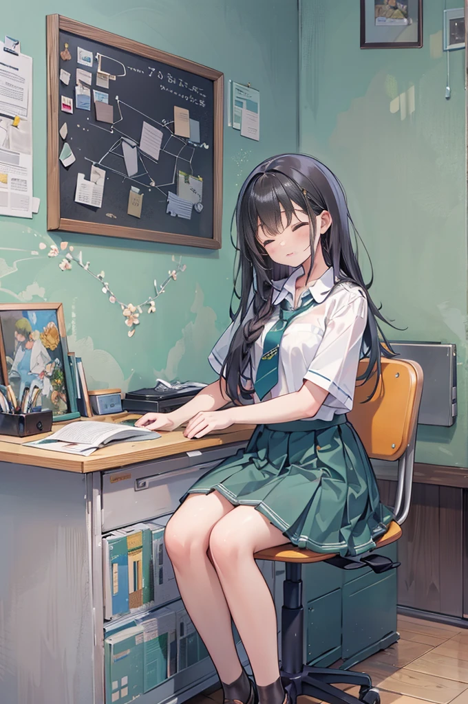 ((Highest quality, 8k, masterpiece: 1.3)), whole body,1 personの,1 person,,Glamorous Body,cute,Sleeping face,Black Hair,Beautiful emerald green eyes,Long Hair,((Close your eyes)),((White short-sleeved blouse,tie)),((Green pleated mini skirt,loafers)),((In the classroom,Sit on a chair,Fold your arms and put your face down on the desk)),