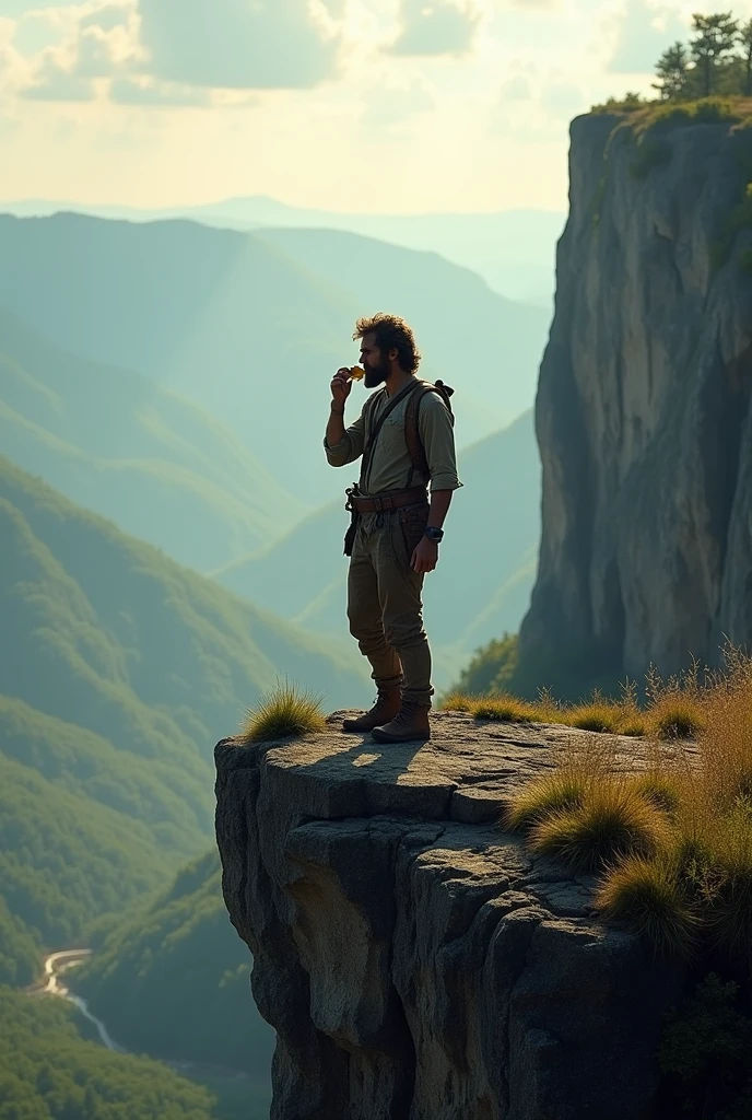 Man standing on a cliff eating banana