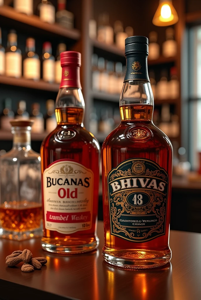 Create an image where there are bottles of whiskey from the Bucanas Old brand and Chivas that say they are sold at an excellent price 