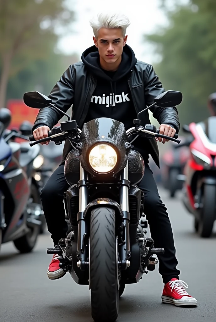 seorang pemuda tampan umur 17 tahun wearing a black jacket berambut putih, wearing a black jacket. riding a motorbike. wearing red adidas shoes, displays "MINGKAK" on his clothes. Budi beside his motorbike, secoopy, beat, my, spin, Aerox , ninja juPiter supra, full pariasai, very complicated modification, thick motorcycle tires.
