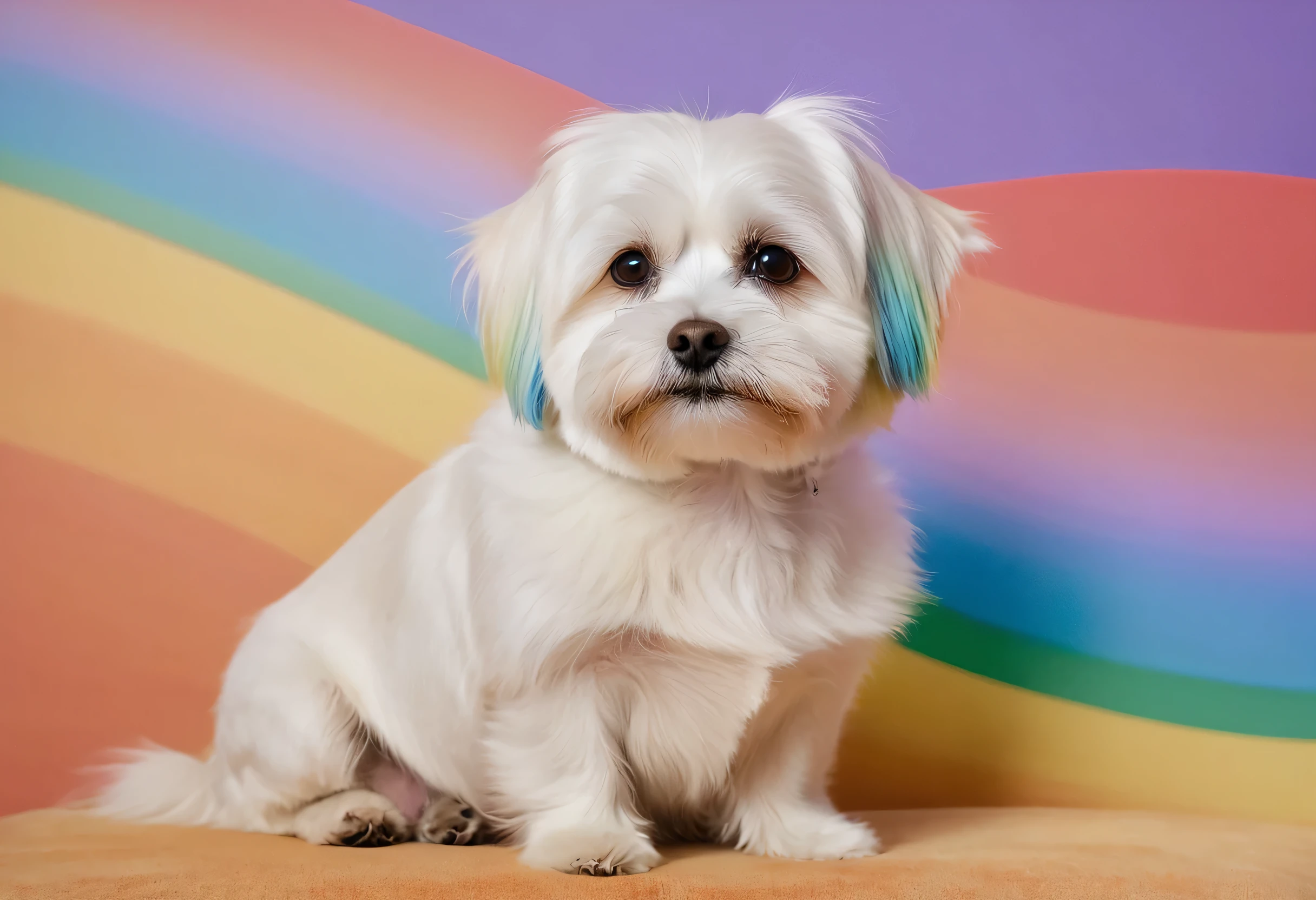 A small white dog is sitting on a rainbow background。, A small white dog beside her, Small dogs, Emma Andievska, Small portrait, wonderful, havanese dog, Looking away from the camera, Look away proudly, Look straight into the camera, Looking away from the camera, Shot on Sony Alpha 9, Relaxed white-haired dwarf