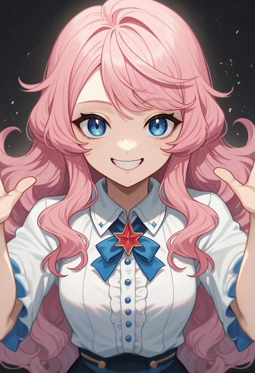 UHD, masterpiece, accurate, anatomically correct, textured skin, super detail, high details, high quality, award winning, best quality, highres, HD, 4K, pink hair, girl, pov, long hair, wavy hair, blue eyes, cool, happy expressions, smile, anime, happy, dynamic pose, pose, black background, above view, above pov, character sheet, design sheet, vtuber