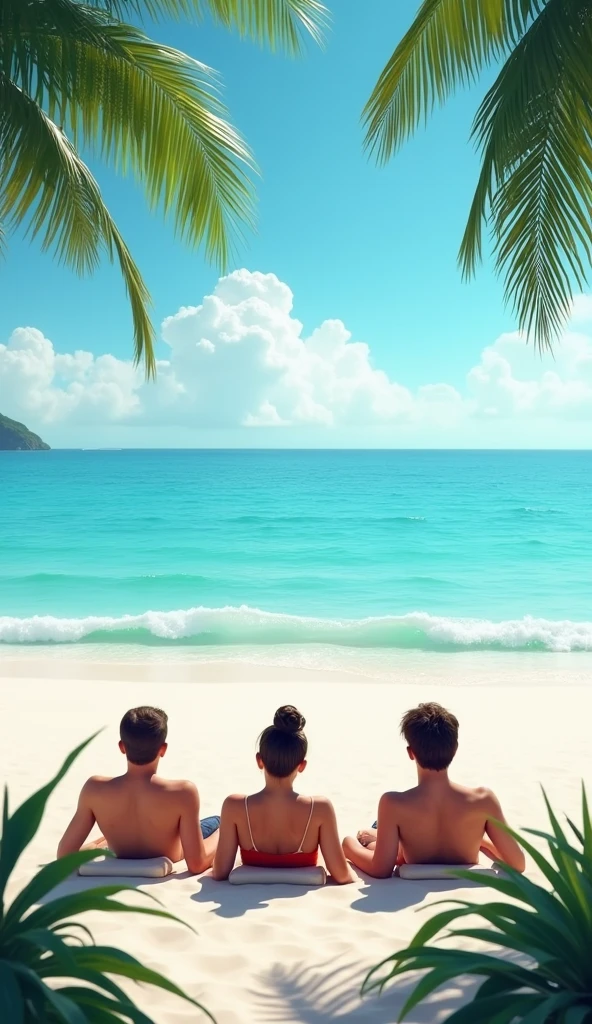 **Beach Relaxation**:
   - The trio relaxing on a beautiful Thai beach with clear blue water and white sand. They are enjoying the sun and sea, depicting tranquility and relaxation.Male friend