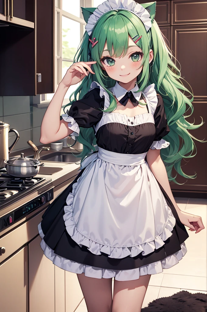 masterpiece,best quality,ultra detailed,((chibi style)),
hyper girlish boy,1shota,(pale_green wavy long hair),hairclip,cat ears,cat tail,smile,frilly camisole type maid costume,(Kitchen),((Maid's greeting)),