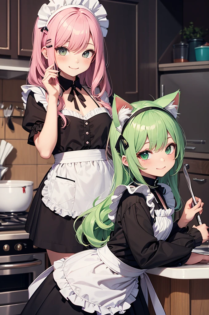 masterpiece,best quality,ultra detailed,((chibi style)),
hyper girlish boy,1shota,(pale_green wavy long hair),hairclip,cat ears,cat tail,smile,frilly camisole type maid costume,(Kitchen),((Maid's greeting)),