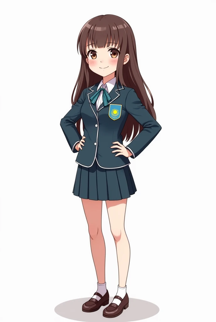 ((officially)) ((masterpiece)) ((Best quality)) ((detailed)) cartoon schoolgirl in school uniform with emblem flag of Kazakhstan on pocket on white background in full growth