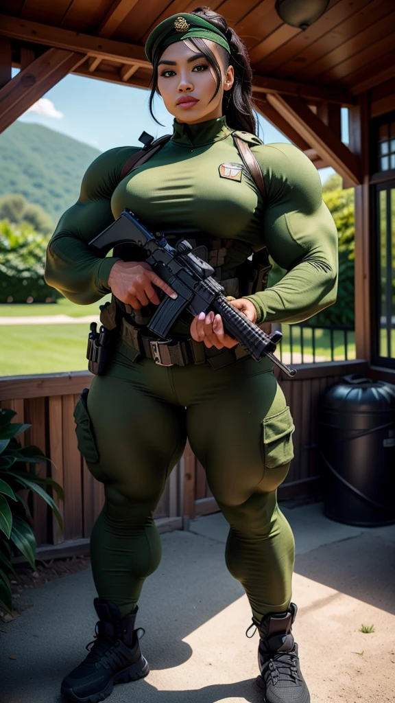 Photorealistic, high resolution, 1 malay woman wearing a green beret and the commando logo is on the side, Solo, Hips up, Battlefield background，view the viewer, (Detailed face), braided hair, wearing a green beret and a special team logo, SWAT vests, airborne logo on the chest, sniper rifle handle, camouflage combat suit, Camoflage military uniform, bulletproof vest, Holding an assault rifle, M16, Inside the jungle of Royal Belum, Very detailed, Perfect face, Black eye, jewelry, (full body view), Lifelike, masterpiece, HDR, 4K