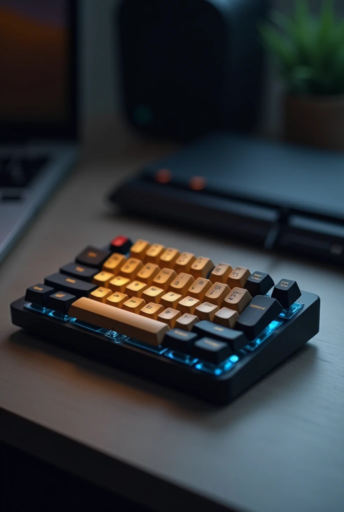 Wooting 60he with a low case, thin and inconspicuous in gold and black keycaps and the blue switches apparent