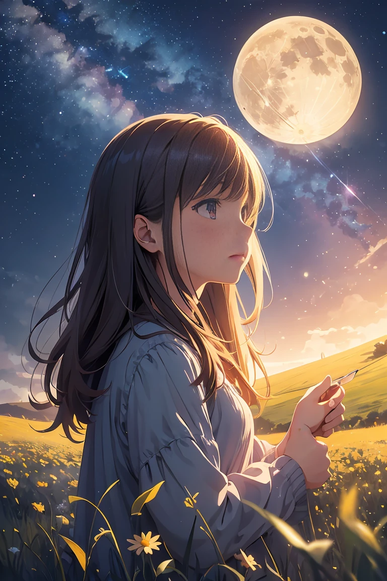 A girl on a meadow,Stars twinkling in the sky,Shining Star,milky way,full moon,I look up and see,Wildflowers are in full bloom,Pure World,masterpiece,Highest quality,最高masterpiece,Detailed anime art,Digital Art,
