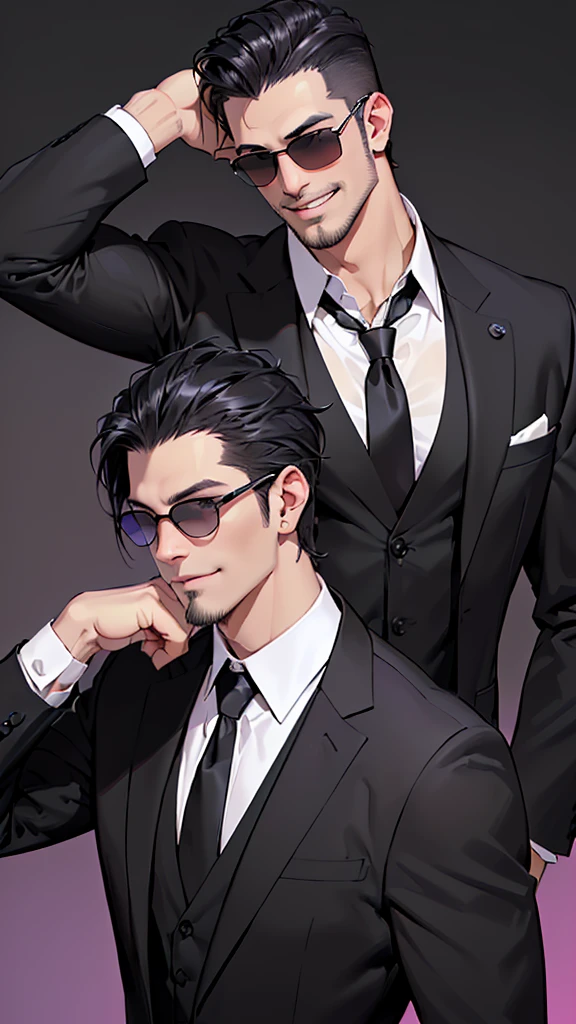 Two men in black suits、(((He wore a white open shirt that showed his collarbone.、Smooth hair that reaches down to your back、Eyes showing through sunglasses、Handsome man holding candy and looking at camera while smiling、Hair up to the neck))),(((Short Hair、Stubble、Man in black suit and tie)))、
Gradient Background