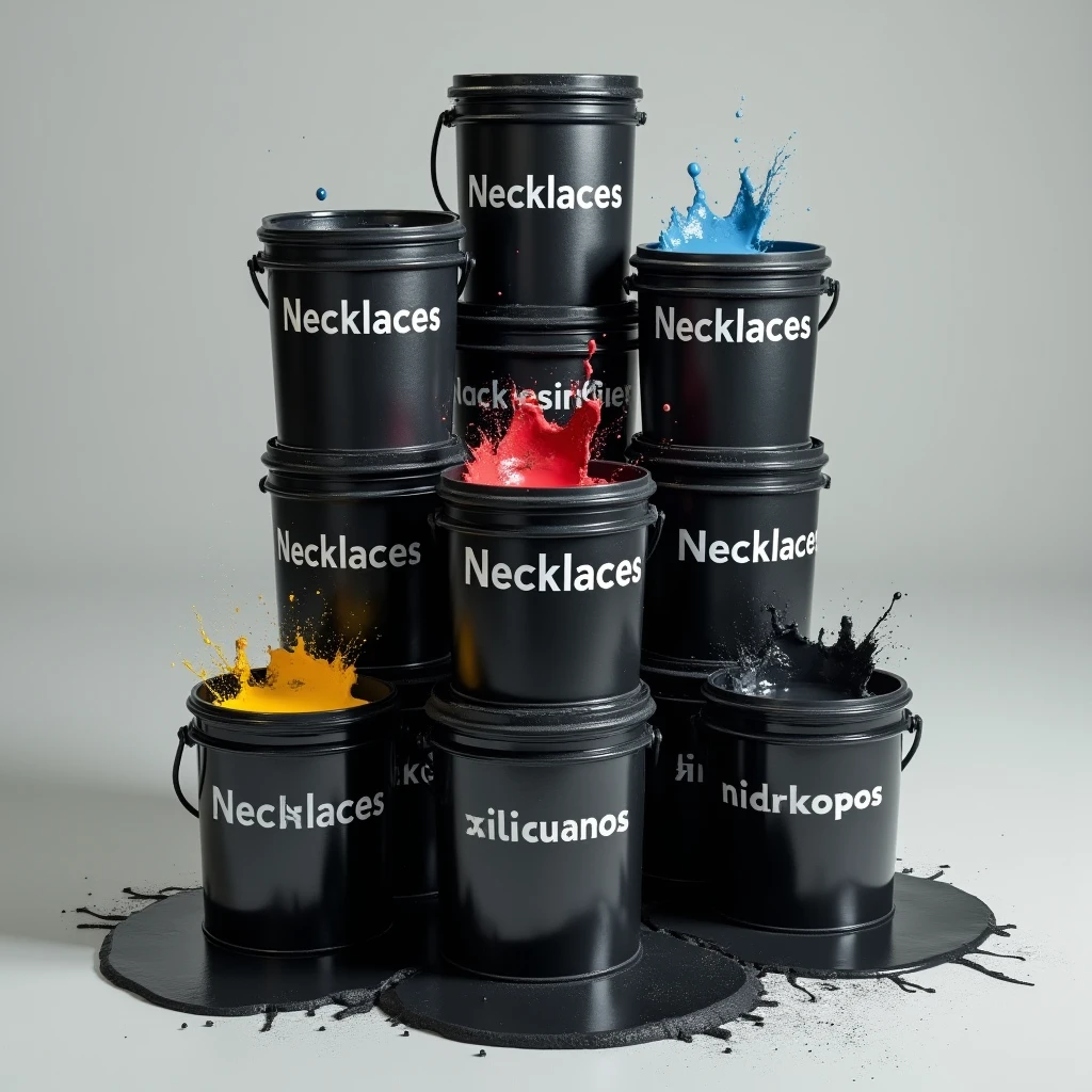 I want a background image for a website with gallons of black paint with the words necklaces written on them, stacked with the colors in the middle of the pot indicating the blue colors, putridity, yellow and a light gray background color