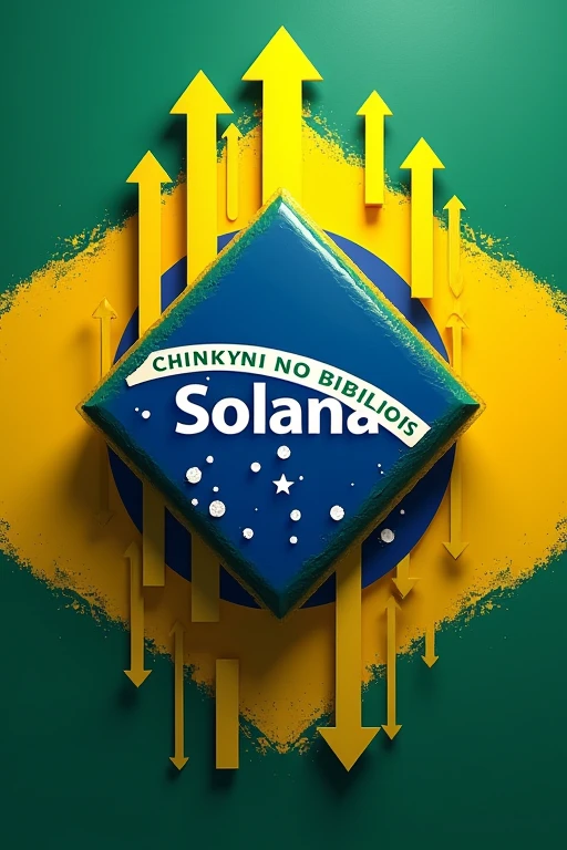 Brazilian flag with Solana logo at the center, replacing the diamond shape. Multiple upward arrows surrounding the flag, representing ETFs. Vibrant colors, digital art style.