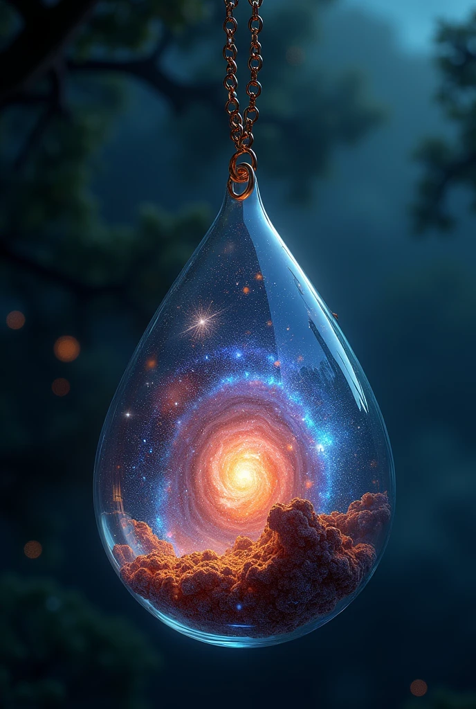 A galaxy trapped in a glass pendant、Hanging on a chain. Dark Scene,16K, Ultra-high resolution, Ultra-high resolution, to be born,wonderful ,future、Iridescent、The world 30 years from now