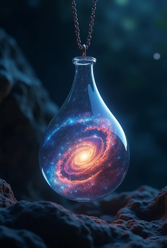 A galaxy trapped in a glass pendant、Hanging on a chain. Dark Scene,16K, Ultra-high resolution, Ultra-high resolution, to be born,wonderful ,future、Iridescent、The world 30 years from now