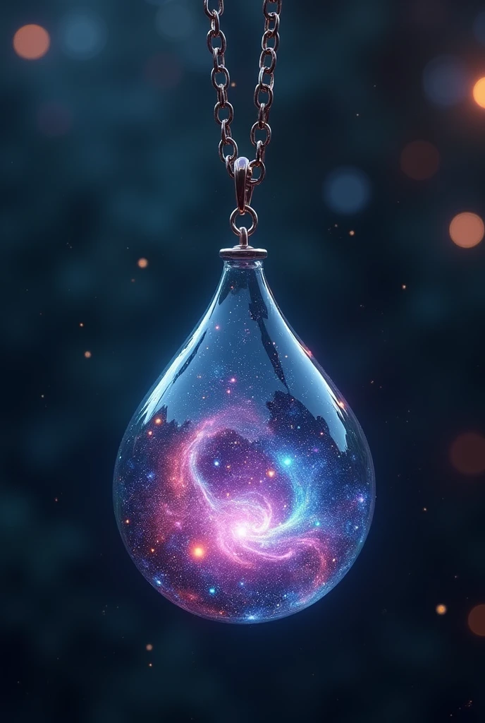 A galaxy trapped in a glass pendant、Hanging on a chain. Dark Scene,16K, Ultra-high resolution, Ultra-high resolution, to be born,wonderful ,future、Iridescent、The world 30 years from now