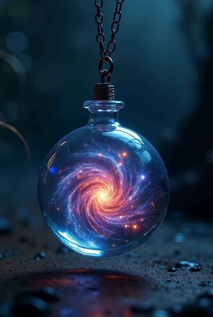 A galaxy trapped in a glass pendant、Hanging on a chain. Dark Scene,16K, Ultra-high resolution, Ultra-high resolution, to be born,wonderful ,future、Iridescent、The world 30 years from now