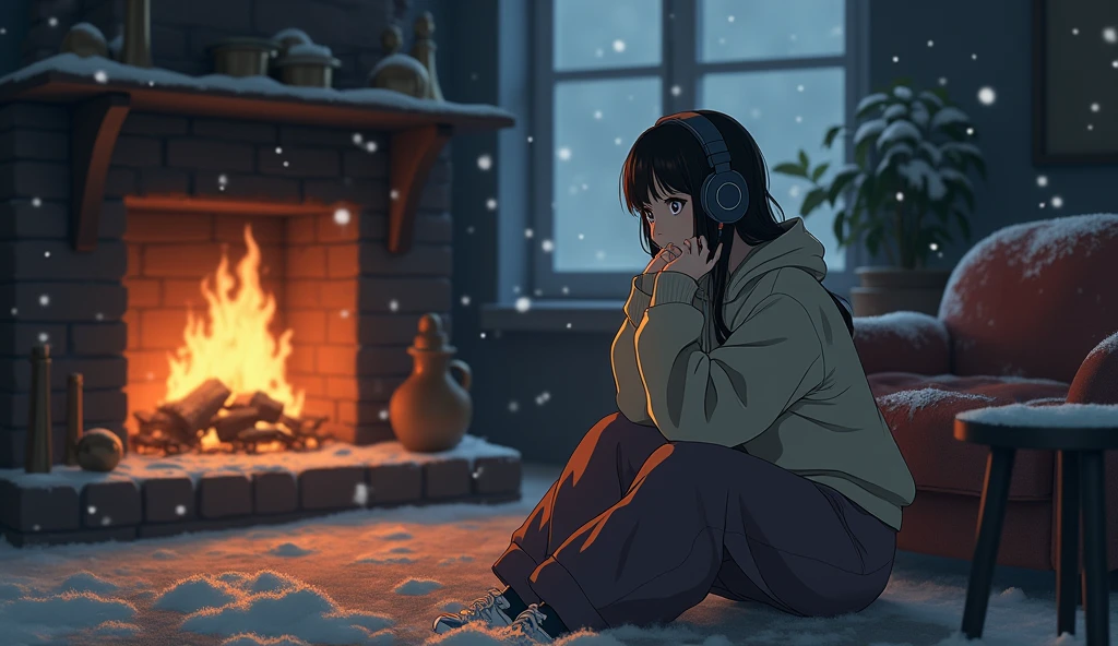 Perfect image, 8k, night、winter、high school girl、sweater、Long trousers、Using headphones、fireplace、 2D-style animation, Lo-Fi、Retro、Emotional、Anime style illustrations