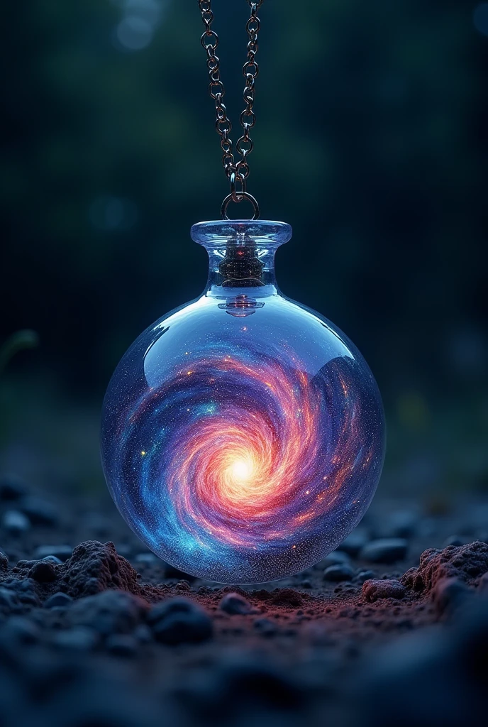 A galaxy trapped in a glass pendant、Hanging on a chain. Dark Scene,16K, Ultra-high resolution, Ultra-high resolution, to be born,wonderful ,future、Iridescent、The world 30 years from now