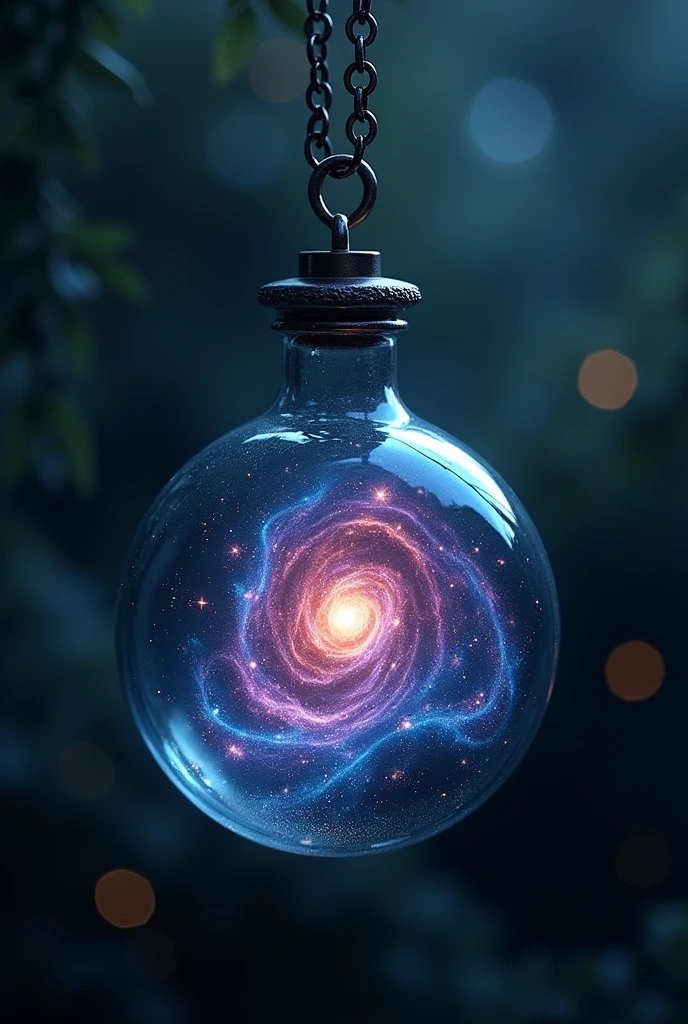A galaxy trapped in a glass pendant、Hanging on a chain. Dark Scene,16K, Ultra-high resolution, Ultra-high resolution, to be born,wonderful ,future、Iridescent、The world 30 years from now