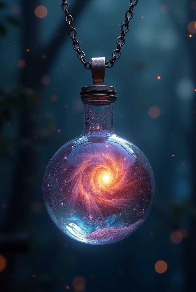 A galaxy trapped in a glass pendant、Hanging on a chain. Dark Scene,16K, Ultra-high resolution, Ultra-high resolution, to be born,wonderful ,future、Iridescent、The world 30 years from now