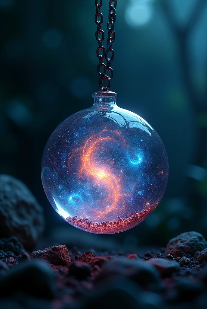 A galaxy trapped in a glass pendant、Hanging on a chain. Dark Scene,16K, Ultra-high resolution, Ultra-high resolution, to be born,wonderful ,future、Iridescent、The world 30 years from now