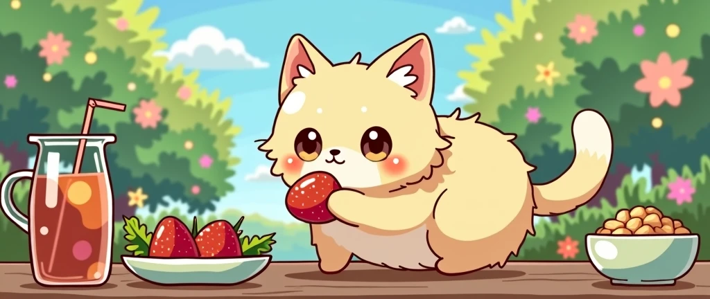 masterpiece,best quality, Kawaii Cat Eating, Studio Ghibli Inspired