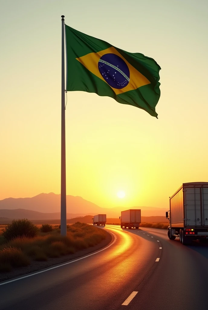a pole with a Brazilian flag in a landscape with a white to yellowish sunset and on the road with trucks. the image has to be super realistic
