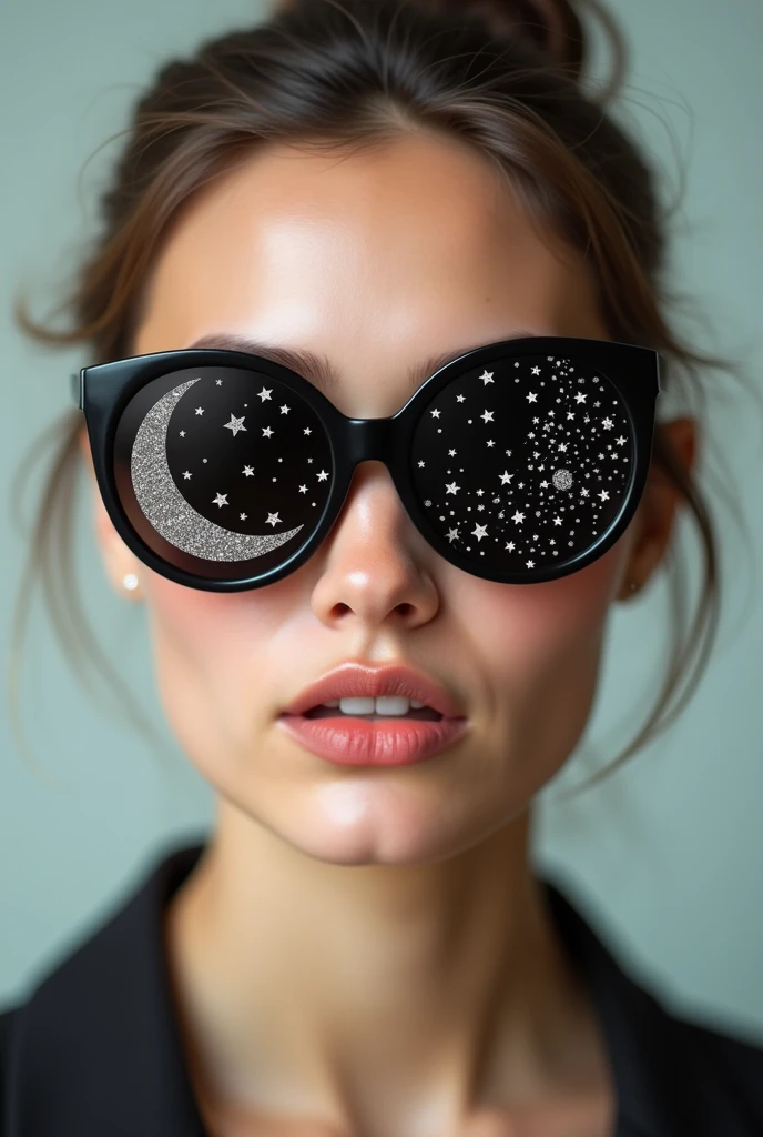 The model is wearing glass sunglasses with stars and the moon on the glass
