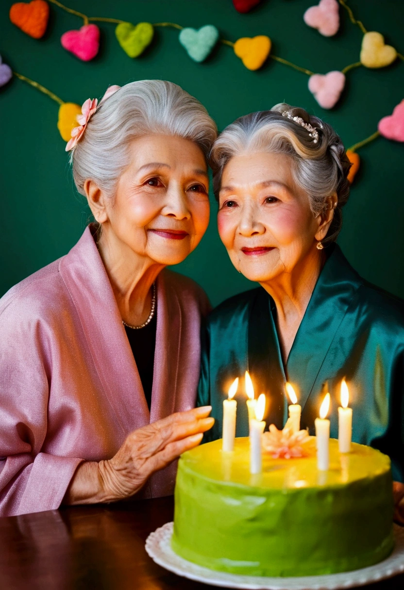 Two 80-year-old grandmothers just relying on each other，Exquisite makeup，Celebrate a birthday ，("happy birthday" Background wall of the styling,Birthday cake - 80-shaped candles，)Warm and cozy scene，Pink and green theme，Soft tones，Face Focus，Rich details，dream,