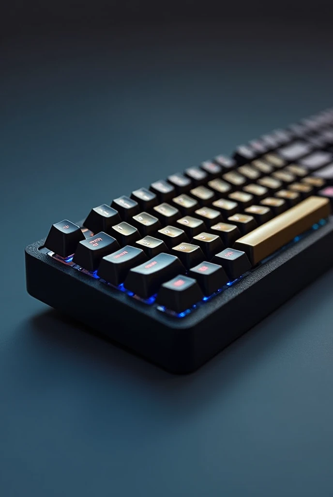 Wooting 60he with a low case, thin and inconspicuous in gold and black keycaps and the blue switches apparent