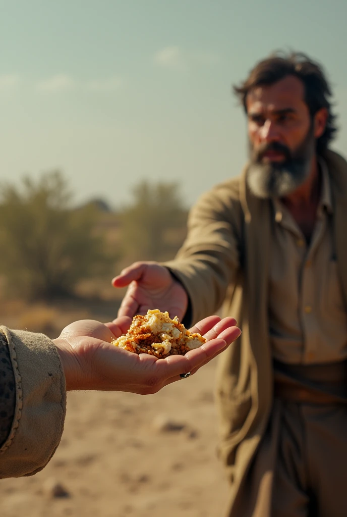 a hand gives the food to the hungry man