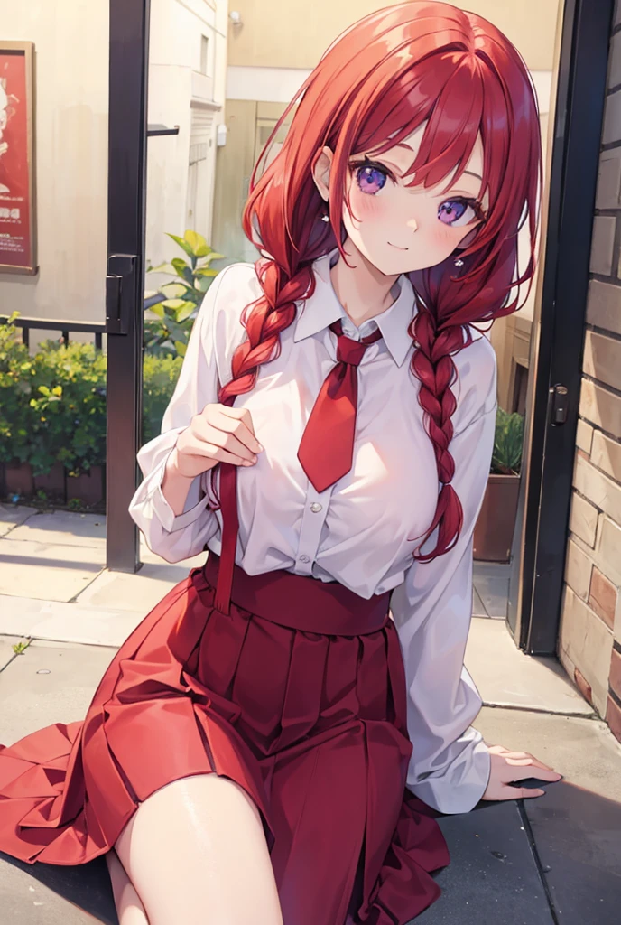 1 , high resolution, Red hair, purples eyes, happy/glad, breastsout, aretes, Crown braid, anime styling,