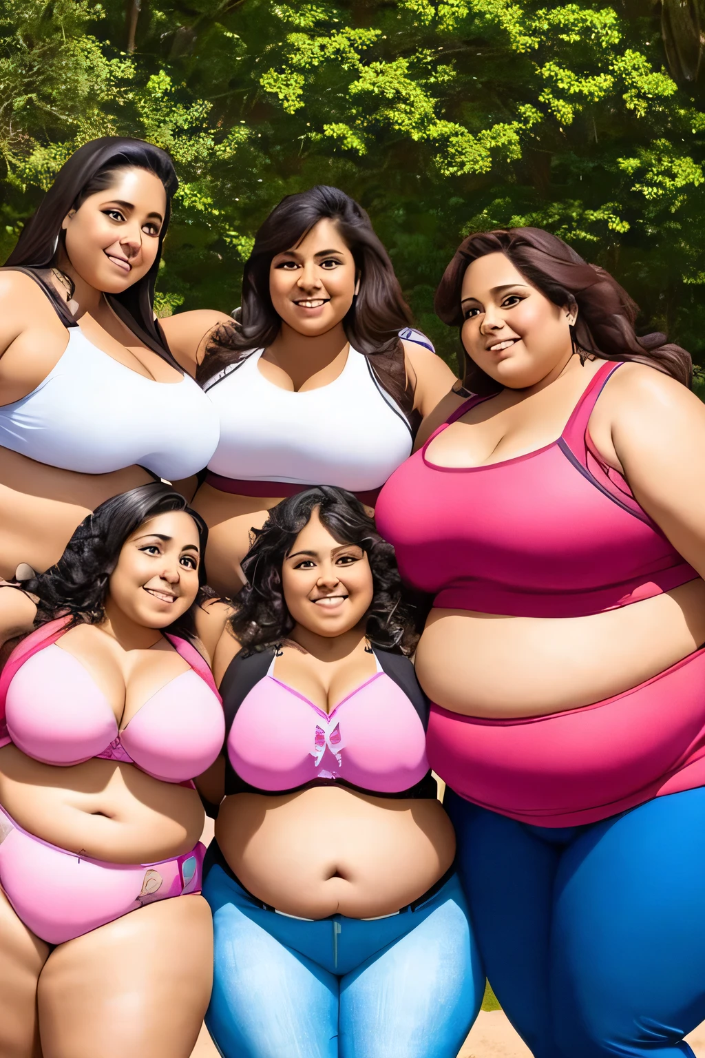 four extremely fat old latino women hugging, huge bust, 300 pounds, large stomach, lovehandles, smiling, bbw, plus size woman, wearing baseball cap, belt, massive and gigantic belly, hand on stomach, lying down, text on stomach, holding backpack, wearing backpack, wearing bra, swimsuit, bra