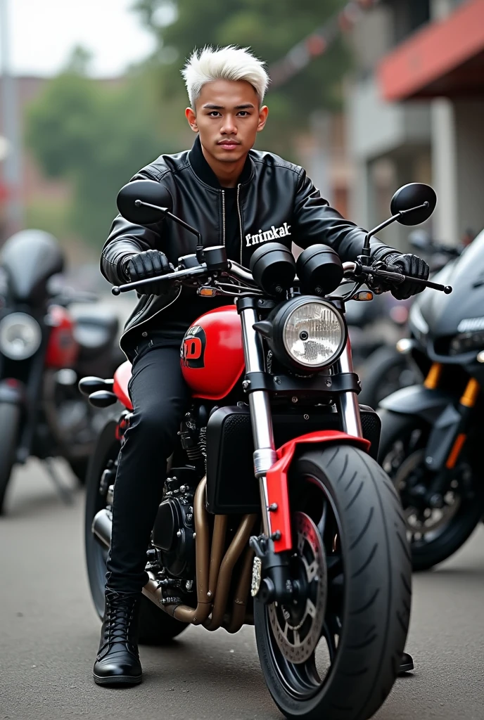 seorang pemuda tampan umur 17 tahun wearing a black jacket berambut putih, wearing a black jacket. riding a motorbike. wearing red adidas shoes, displays "MINGKAK" on his clothes. Budi beside his motorbike, secoopy, beat, my, spin, Aerox , ninja juPiter supra, full pariasai, very complicated modification, thick motorcycle tires.red light font