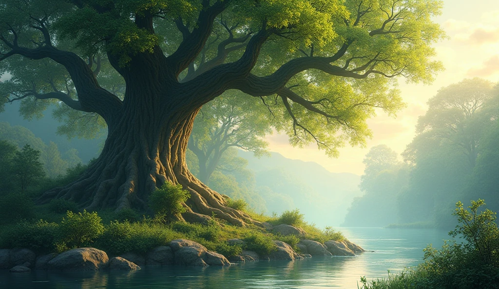serene landscape inspired by Psalm 1:4, a strong tree planted by rivers of water, lush greenery, bright sunlight, peaceful atmosphere, hyperrealistic, detailed foliage, soft focus background, artistic interpretation, masterpiece digital painting, calming color palette, by Thomas Kinkade and Brian Froud, 4k resolution