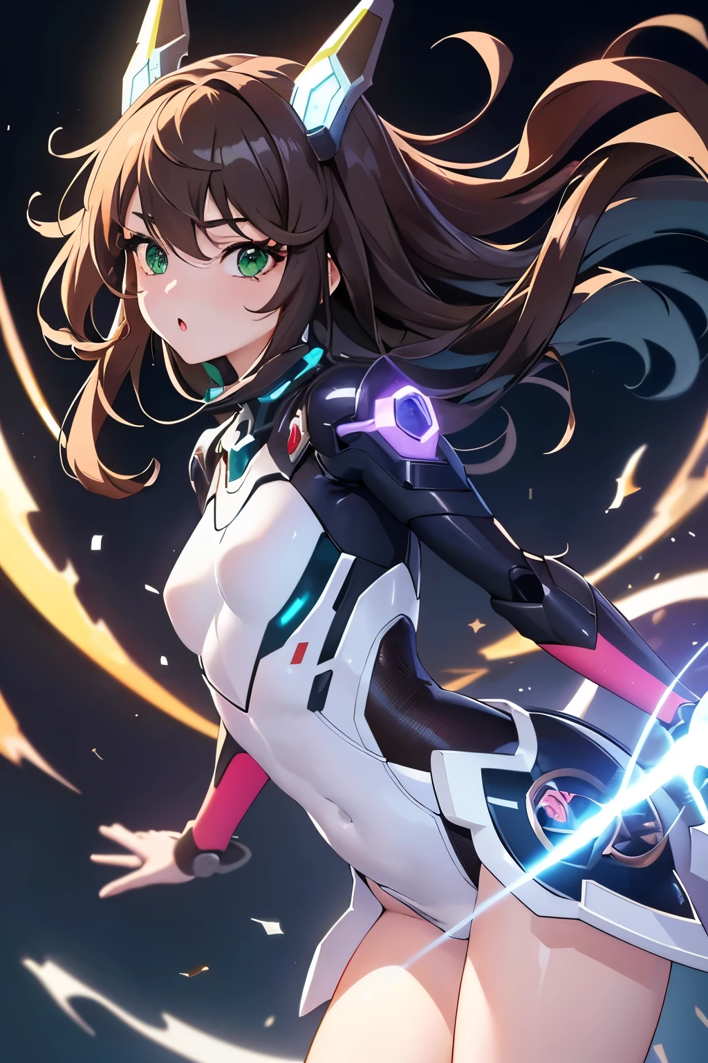 ((masterpiece, Highest quality, High resolution, 超High resolution, Pixel perfect, Written boundary depth, 4K, RTTX 10.0, High resolution))), 1 person, single, alone, Beautiful Anime, Beautiful art style, Anime characters, ((Shortcuts, bangs, Dark brown hair)), ((Green Eyes:1.4, Round eyes, Beautiful eyelashes, current eyes)), ((Smooth texture:0.75, Anime CG style)), ((Dynamic Angle, close)), Perfect body, (cute), Normal chest, whole body, ((4K, 8k, Highest quality, Perfect Fingers: 1.3, Perfect Anatomy: 1.3, Background Blur)), whole bodyアングル, Illustration of a girl in a mech suit, The characters are dressed in highly functional and stylish mecha suits.、The suit is designed to fit the body、Features various parts that support movement and glowing energy lines, The suit's color has a metallic texture., The background is a futuristic city and a battlefield.、Overall powerful、A scene full of sci-fi vibes