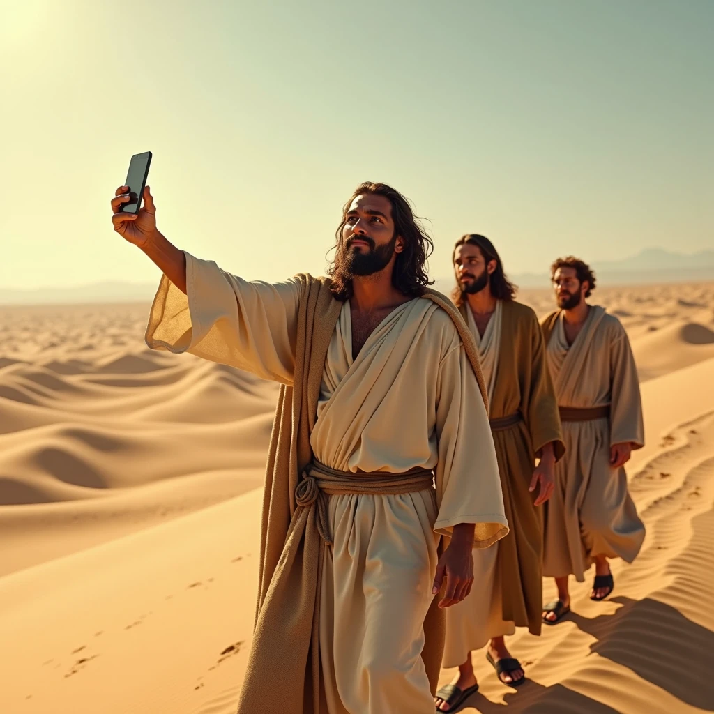 Jesus takes a selfie while crossing a desert with his disciples, iphone high quality